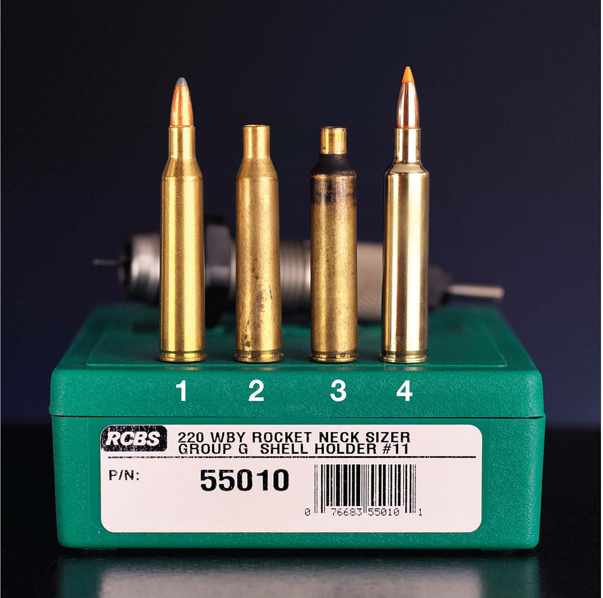 Getting to the .220 Rocket includes (1) .220 Swift factory ammunition, (2) .220 Swift fired case, (3) .220 Rocket neck sized only, (4) .220 Rocket loaded round.